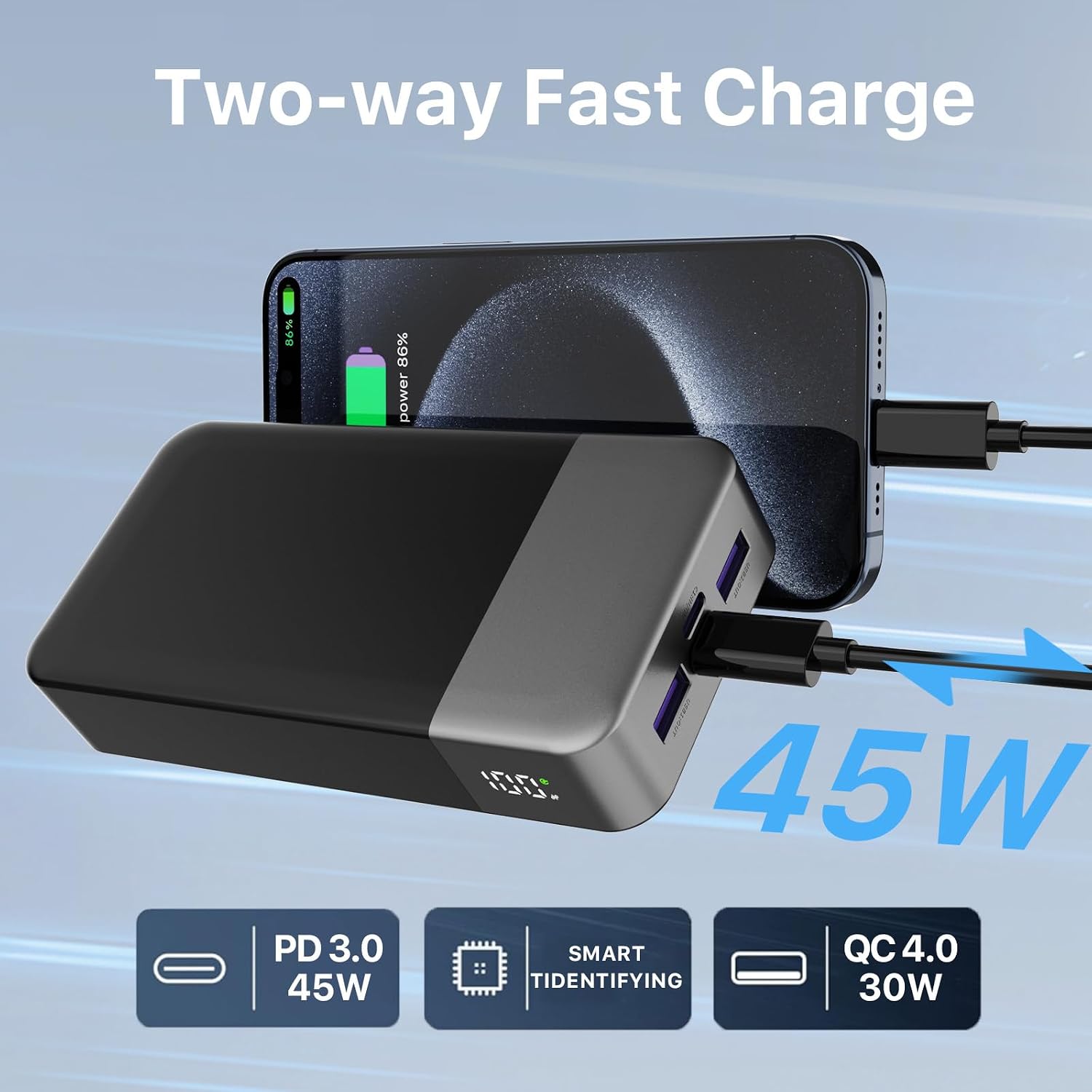 Power Bank NOBIS 20000mAh 45W бързо зареждане, външна батерия USB-C PD 3.0 QC 3.0, 4 порта – допълнителна снимка 5